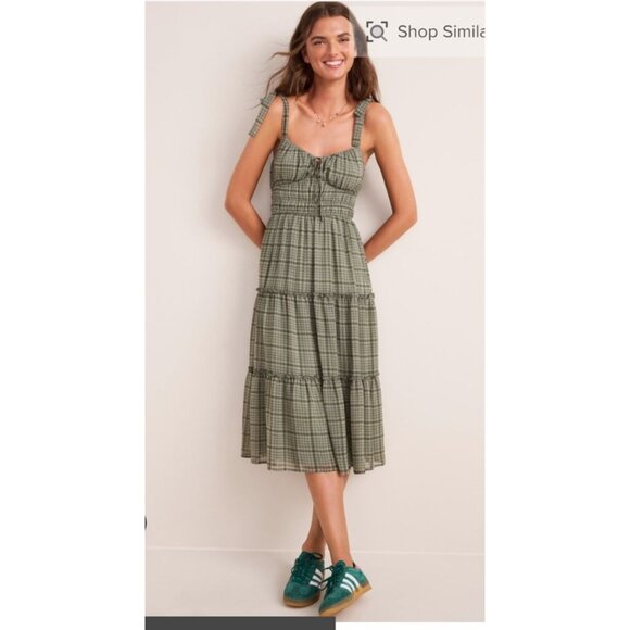 Francesca's Joy Plaid Tiered Maxi Dress XL Green Tie Straps Milk Maid Boho - Picture 2 of 11